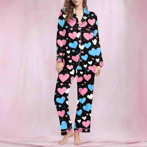 POTETI Button Down Pajamas for Women Valentine's Day Long Sleeve Notch Collar Heart Pajama Set Lounge Sleepwear Outfits