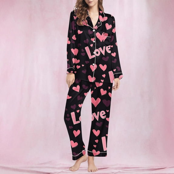 POTETI Button Down Pajamas for Women Valentine's Day Long Sleeve Notch Collar Heart Pajama Set Lounge Sleepwear Outfits