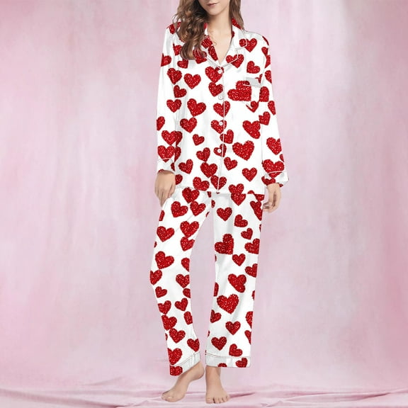 POTETI Button Down Pajamas for Women Valentine's Day Long Sleeve Notch Collar Heart Pajama Set Lounge Sleepwear Outfits