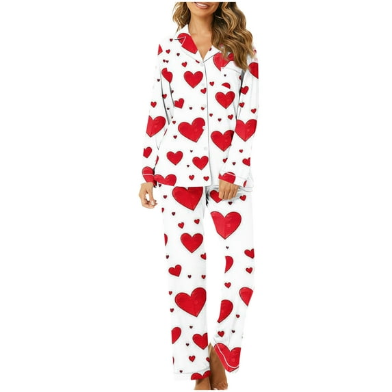 POTETI Button Down Pajamas for Women Valentine's Day Long Sleeve Notch Collar Heart Pajama Set Lounge Sleepwear Outfits