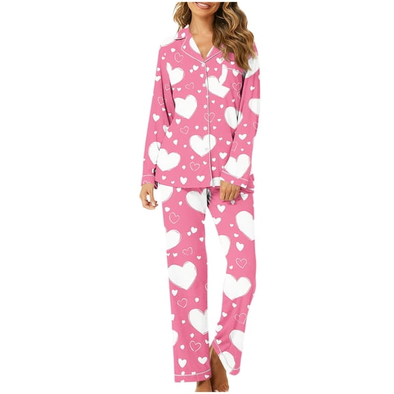POTETI Button Down Pajamas for Women Valentine's Day Long Sleeve Notch Collar Heart Pajama Set Lounge Sleepwear Outfits