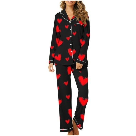 POTETI Button Down Pajamas for Women Valentine's Day Long Sleeve Notch Collar Heart Pajama Set Lounge Sleepwear Outfits