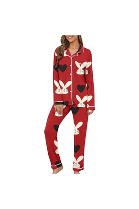 Button Down Pjs for Women Easter Women’s Pajama Sets Notch Collar Bunny Heart Print Pajamas Tops with Pocket and Pants