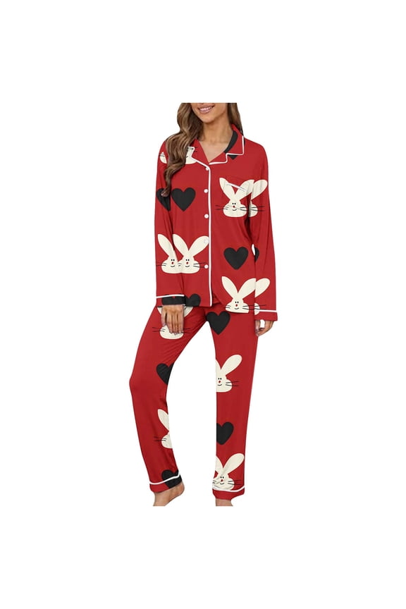 Button Down Pjs for Women Easter Women’s Pajama Sets Notch Collar Bunny Heart Print Pajamas Tops with Pocket and Pants