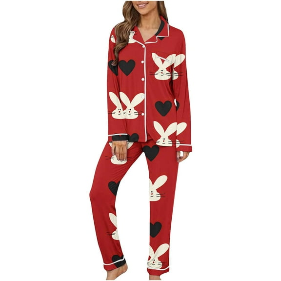 POTETI Button Pajamas for Women Easter Womens Two Piece Pajamas Set Notch Collar Bunny Heart Print Nightshirts Tops with Pocket and Pants