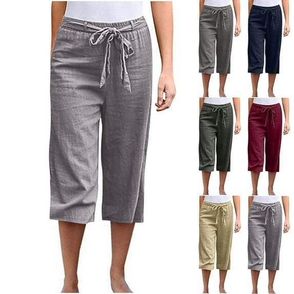 POTETI Capris Capris for Women High Waisted Womens Shorts Plus Size Gray Cotton Blend Solid Casual Bandage Straight Cropped Shorts