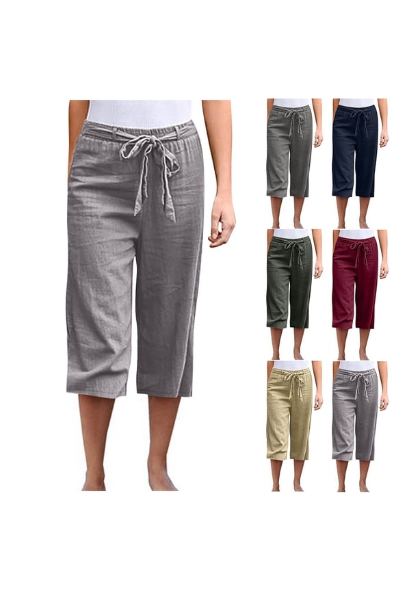 Capris Womens Capris High Waisted Womens Shorts Gray Bandage Solid Casual Cotton Blend Straight Cropped Shorts