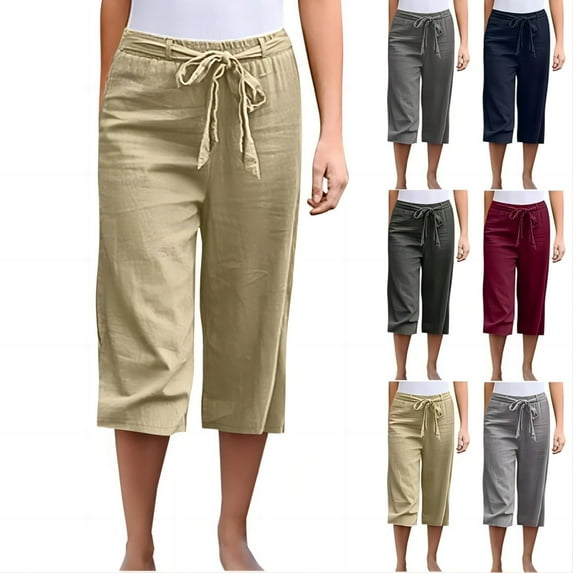POTETI Capris for Women Capris High Waisted Women Plus Shorts Khaki Cotton Blend Bandage Straight Solid Cropped Casual Shorts
