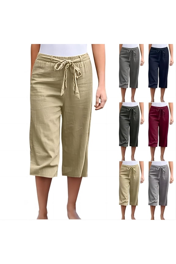 Capris for Women Capris High Waisted Women Plus Shorts Khaki Cotton Blend Bandage Straight Solid Cropped Casual Shorts
