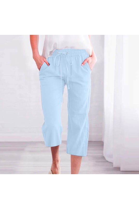 Capris for Women High Waist Wide Leg Cotton Linen Summer Casual Loose Elastic Waist Drawstring Pants for Women