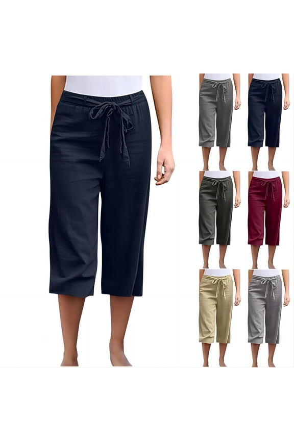 Capris for Women High Waisted Capris Shorts for Women Navy Cropped Bandage Casual Solid Cotton Blend Straight Shorts