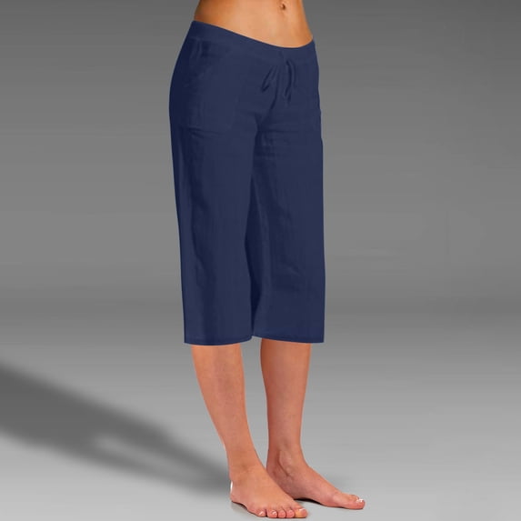 POTETI Capris for Women Plus Size Cotton Linen High Waisted Drawstring Casual Comfy Knee Length Pull on Womens Shorts with Pockets