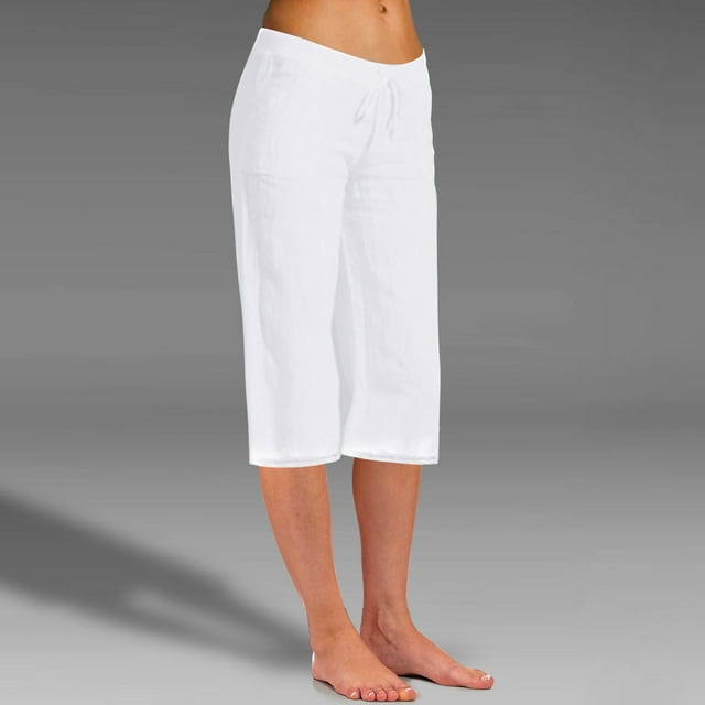 POTETI Capris for Women with Pockets Cotton Linen High Waisted Loose Casual Knee Length Pull on Shorts for Women Plus Size