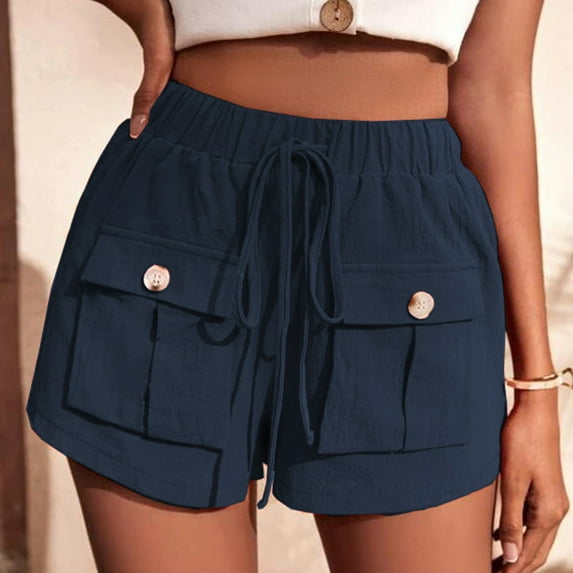 POTETI Cargo Shorts for Women Flat Front Mid Rise Womens Plus Size Shorts Blue Solid with Pockets Casual Drawstring Shorts