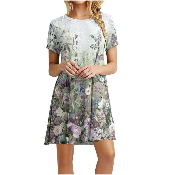 POTETI Casual Dresses for Women Army Green Summer Dress Casual Color-Blocking Printed Short-Sleeved Crew-Neck Dress Plus Size Sundress