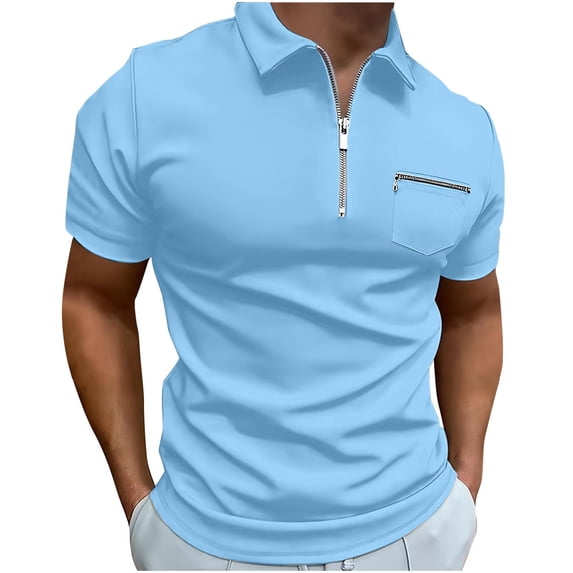 POTETI Casual Mens Polo Shirt Short Sleeve Collared Shirts Patchwork Pockets Quarter Zip Solid Tops