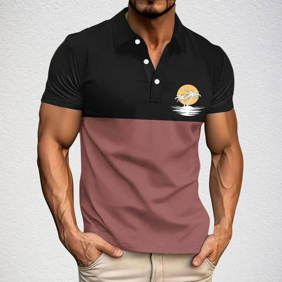 POTETI Casual Polo Shirts for Men Big And Tall Collared Short Sleeve Shirts Hawaii Print Tops