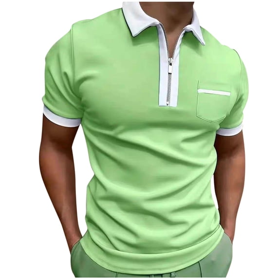 POTETI Casual Polo Shirts for Men Big And Tall Collared Short Sleeve Shirts Quarter Zip Pockets Tops