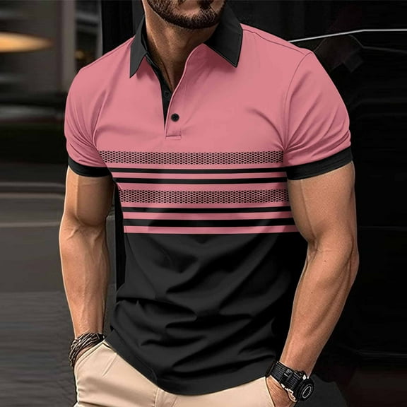 POTETI Casual Polo Shirts for Men Collared Short Sleeve Shirts Breathable Color Block Button Tops