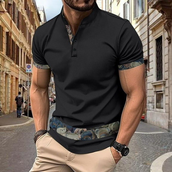 POTETI Casual Polo Shirts for Men Short Sleeve Collared Shirts Waffle Solid Patchwork Loose Tops