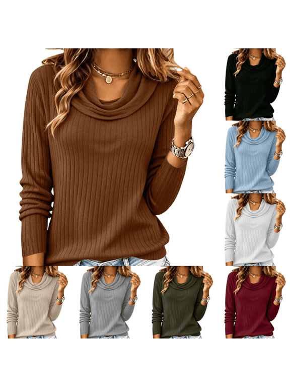 Casual Womens Sweaters Winter Waffle Knit Soft Pullover Sweaters Cowl Neck Long Sleeve Tops