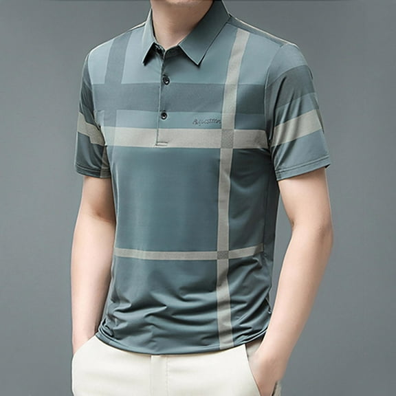 POTETI Collared Mens Polo Shirt Casual Short Sleeve Shirts Loose Striped Work Tops