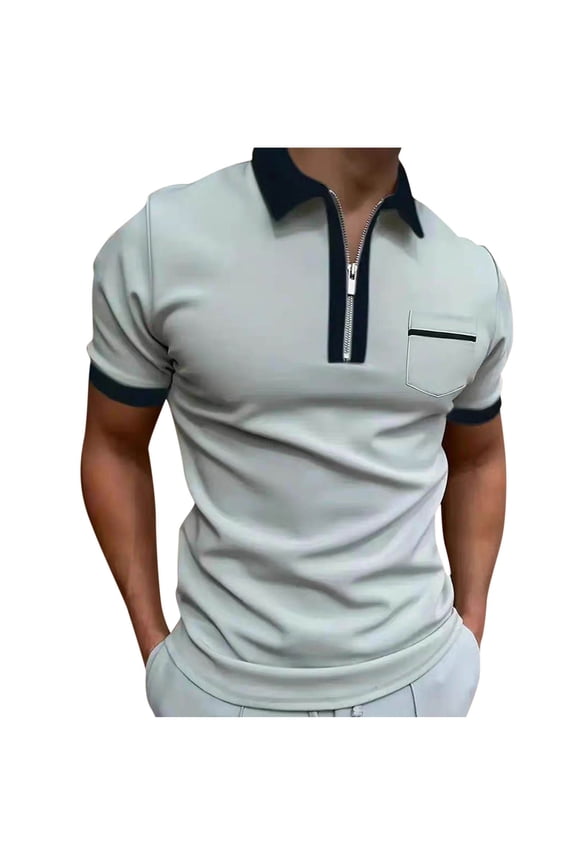 Collared Mens Polo Shirt Short Sleeve Casual Shirts Patchwork Quarter Zip Solid Pockets Tops