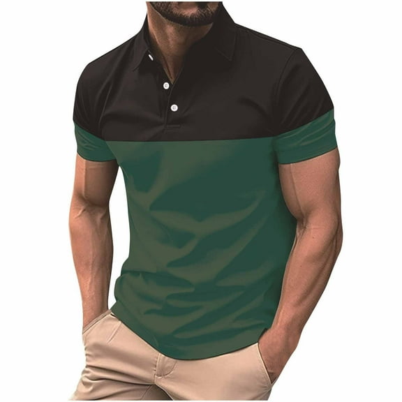 POTETI Collared Mens Polo Shirts Short Sleeve Casual Shirts Patchwork Button Slim Color Block Tops