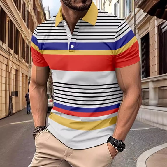 POTETI Collared Polo Shirts for Men Big And Tall Casual Short Sleeve Shirts Striped Loose Tops