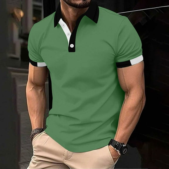 POTETI Collared Polo Shirts for Men Casual Short Sleeve Shirts Patchwork Solid Regular Fit Tops