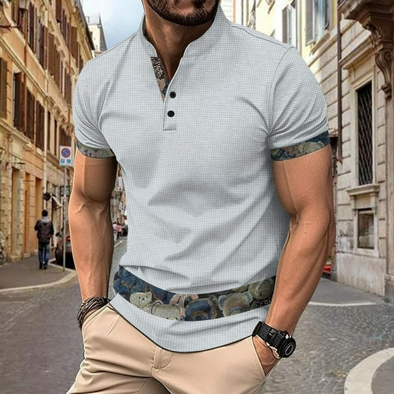 POTETI Collared Polo Shirts for Men Short Sleeve Casual Shirts Patchwork Waffle Solid Loose Tops
