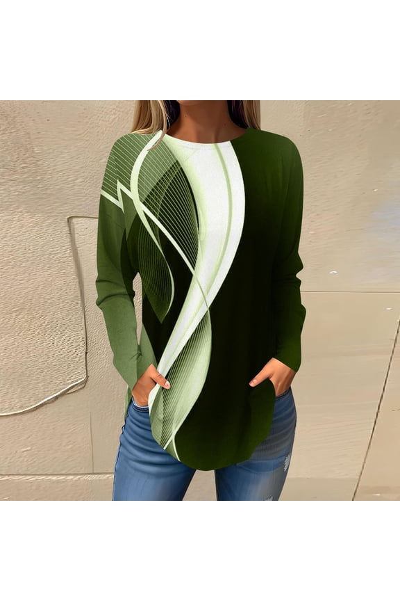 Compression Shirts for Women Winter Casual Round Neck Printed Blouses Long Sleeve T-Shirts Army Green Blouse for Women