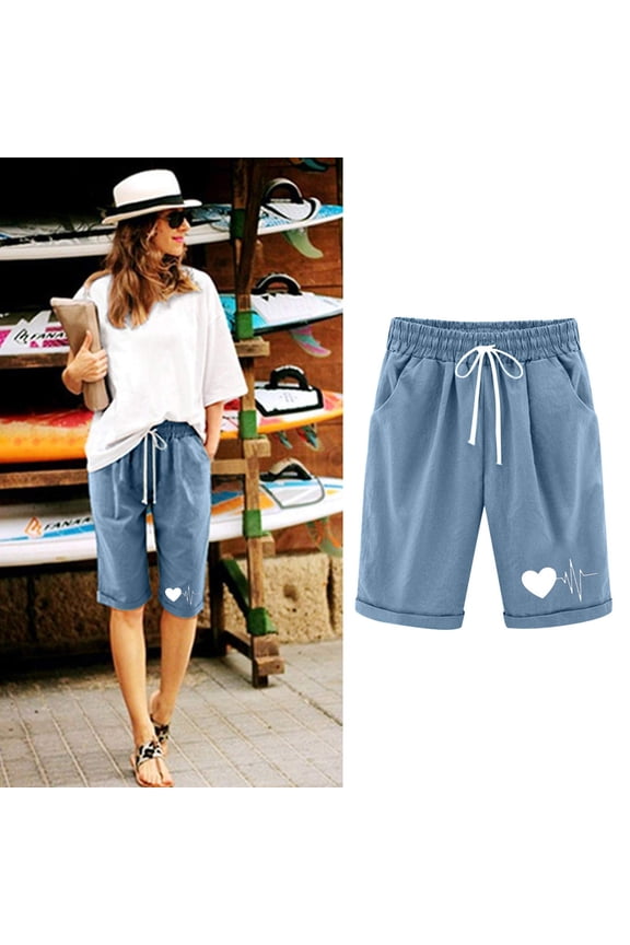 Cotton Linen Womens Bermuda Shorts High Waisted Shorts for Women Plus Size Light Blue Drawstring Valentine's Day Casual Heart Print with Pockets Shorts