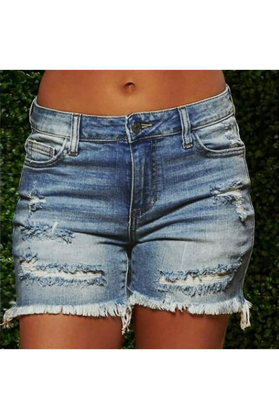 Denim Jean Shorts for Women High Waisted Shorts for Women Dark Blue Solid Distressed Ripped with Pockets Casual Shorts