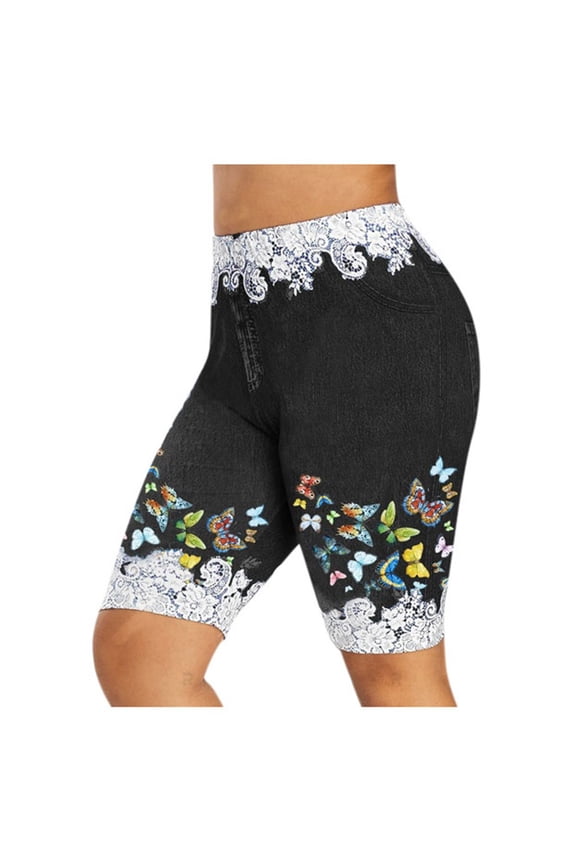 Denim Jean Shorts for Women High Waisted Womens Shorts Black Slim with Pockets Print Hip Warp Legging Shorts