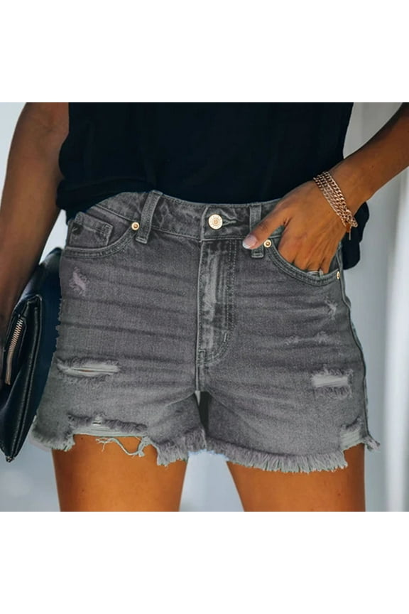 Denim Women Jean Shorts High Waisted Women Summer Shorts Gray Solid Casual Distressed Ripped with Pockets Cut-off Shorts