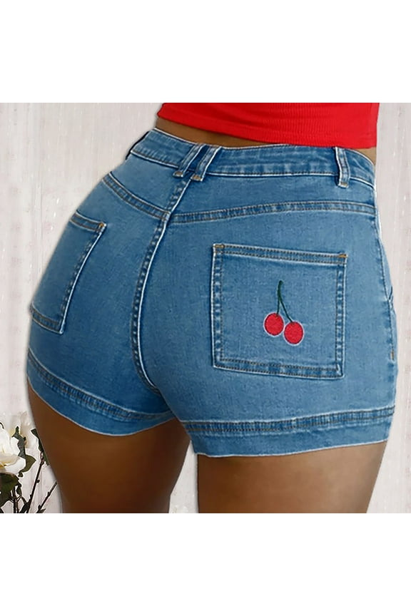 Denim Womens Jean Shorts High Waisted Women Summer Shorts Blue with Pockets Embroidery Print Stretch Hot Pants Slim Shorts