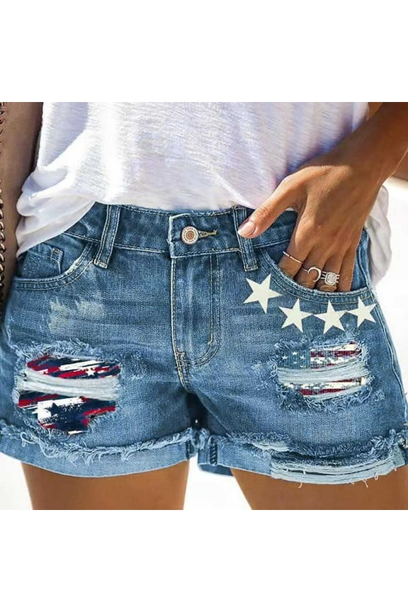 Denim Womens Jean Shorts Mid Rise Summer Shorts for Women Blue American Flag Graphic Casual with Pockets Independence Day Distressed Ripped 4th of July Shorts