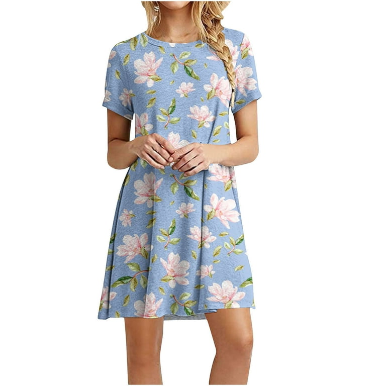 juniors blue floral dress POTETI Sundresses for Women White Beach Dresses for Women Casual Color-Blocking Printed Short-Sleeved Crew-Neck Plus Sundress Free Returns & Free Delivery:Yes!