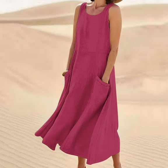 POTETI Dresses for Women Sleeveless Midi Summer Sundresses Cotton Linen Long Tank Dresses