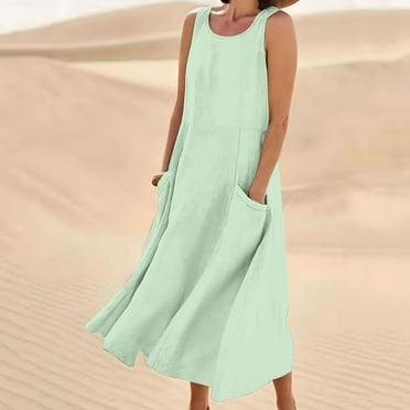 POTETI Dresses for Women Sleeveless Summer Midi Sundresses Cotton Linen Long Tank Dresses