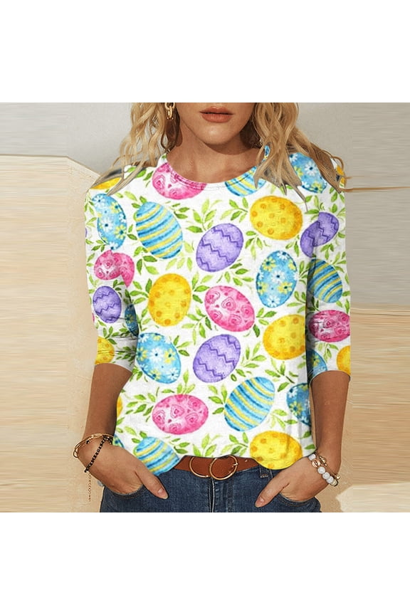 Easter Clothes,Womens Happy Easter Summer 3/4 Sleeve Crew Neck Tops for Women