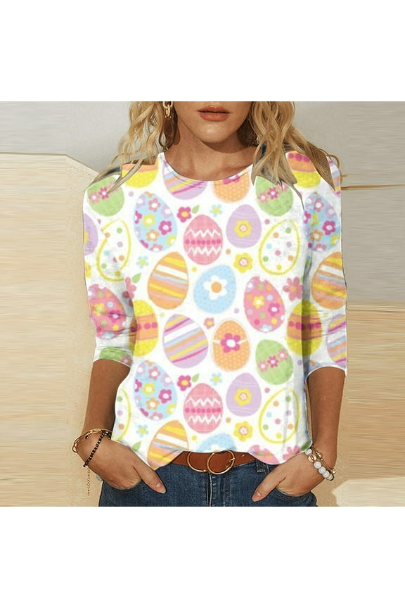 Easter Shirt Women,Womens Bunny Egg Summer 3/4 Sleeve Crew Neck Tops for Women