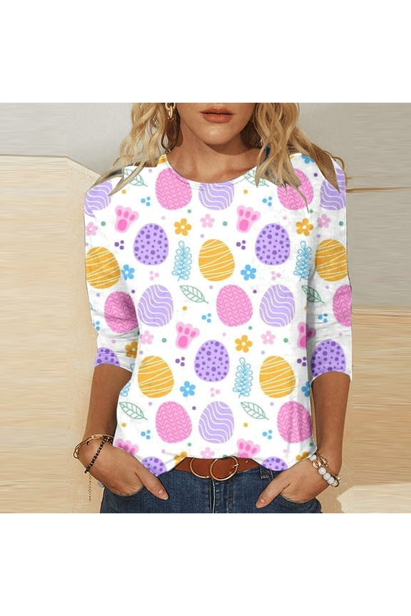 Easter Shirts,Womens Bunny Graphic Summer 3/4 Sleeve Crew Neck Womens Tops