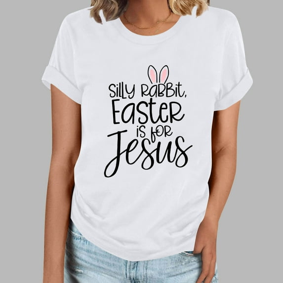POTETI Easter T Shirt Bunny Easter Print Tee Shirts for Women Summer Crew Neck Short Sleeve Tops
