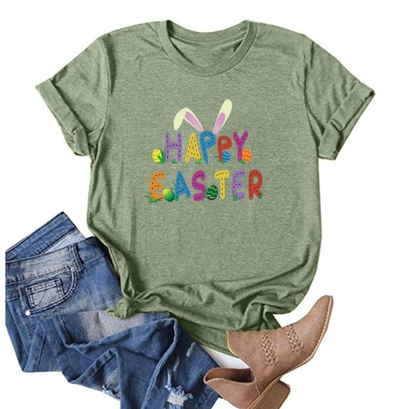 POTETI Easter T Shirts Rabbit Happy Easter Print Womens Tshirts Summer Crew Neck Short Sleeve Tops