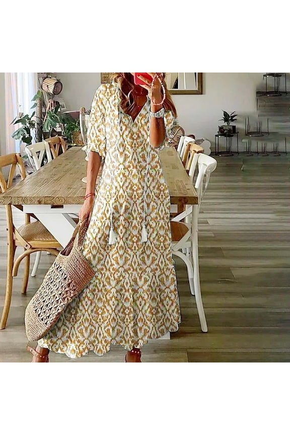 Flower Dresses for Women Casual Short Sleeve Beach Midi Dresses Fashion V-neck Printed Flowy Long Dresses