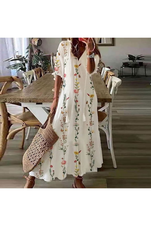 Flower Dresses for Women Casual Three-quarter Sleeve Holiday Midi Dresses Fashion V-neck Printed Flowy Long Dresses