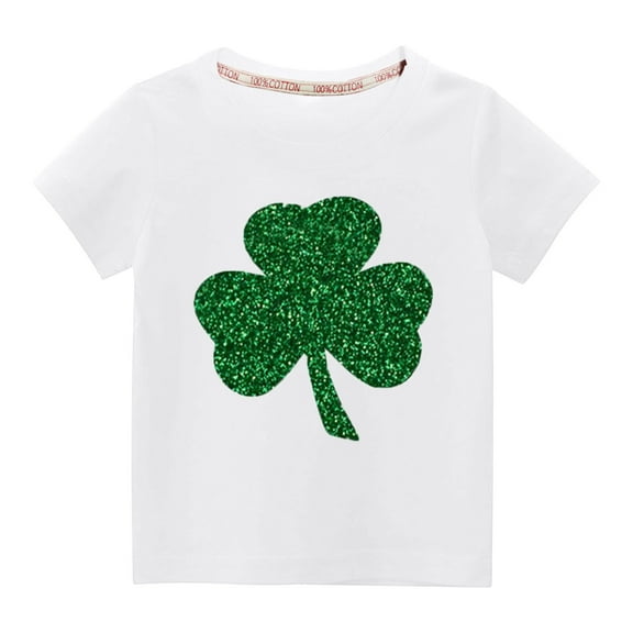 POTETI Girls St Pattys Day Shirts Shamrock Cotton Short Sleeve Crew Neck Shirt Tops,3-10 Years