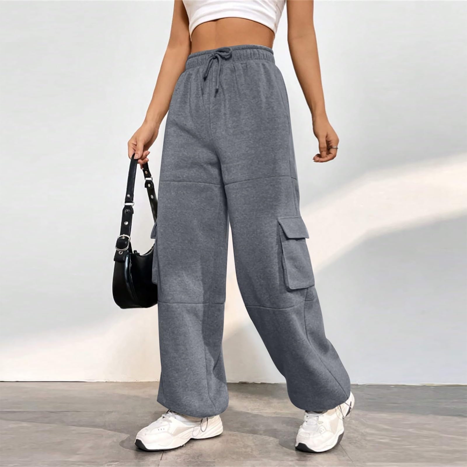 POTETI Gray Women's Cargo Pants Clearance Long Straight Leg POTETI Gray Women's Cargo Pants Clearance Long Straight Leg